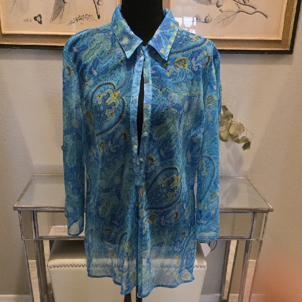 Aura Blue and Green Paisley Button Down Shirt